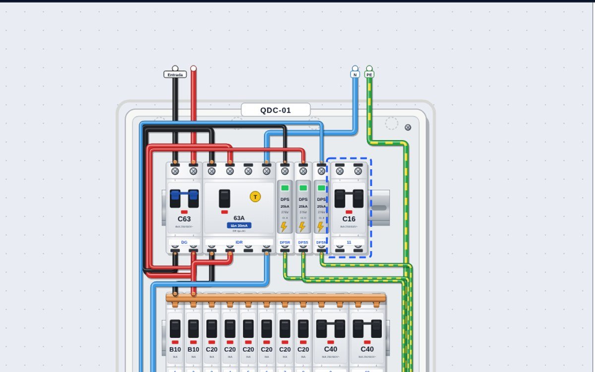 Quadro bifásico com circuito exclusivo de ar-condicionado 18.000 BTU, disjuntor 2P 16A e cabo de 2,5 mm²