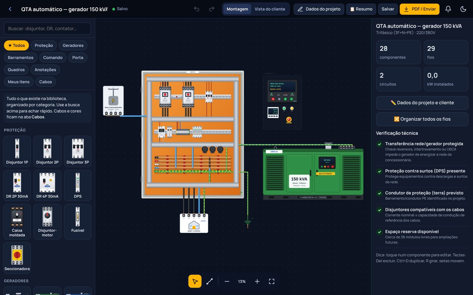 Editor de quadros elétricos com biblioteca de componentes e painel de gerador