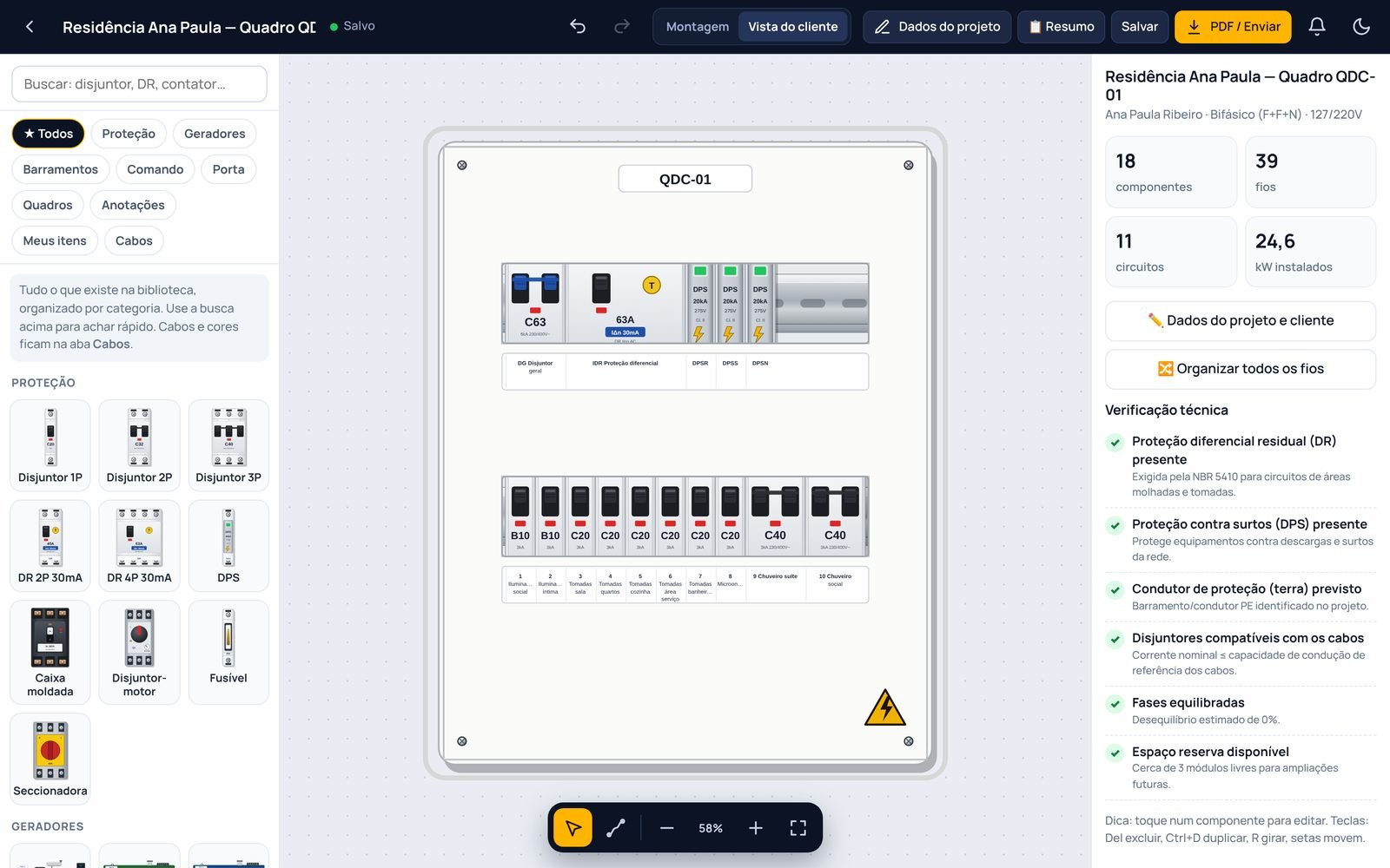 Quadro com o circuito do chuveiro identificado na legenda
